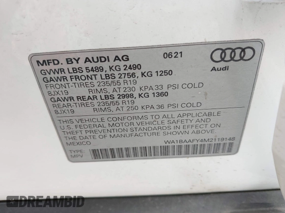 2021 Audi Q5 Premium Plus with VIN WA1BAAFY4M2119148, listed as a IAAI auction lot 42177607 with 68,481 mi miles and . Bid and sale history available at DreamBid. Image 9.