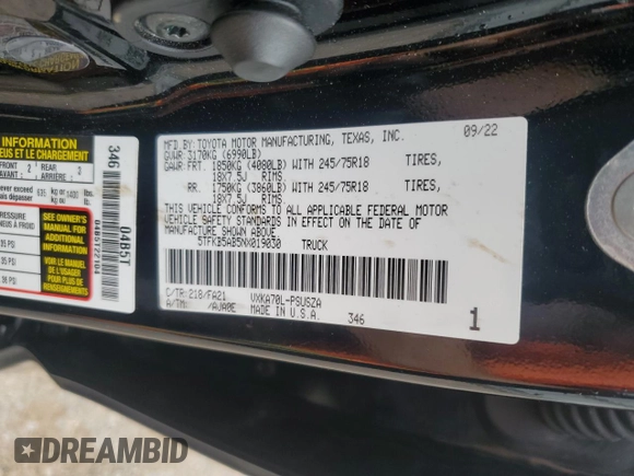 2022 Toyota Tundra SR with VIN 5TFKB5AB5NX019030, listed as a Copart auction lot 58558255 with 44,972 mi miles and Salvage title. Bid and sale history available at DreamBid. Image 12.