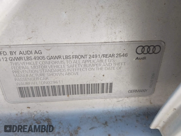 2013 Audi A4 Premium с VIN WAUBFAFL1DN029611, выставлен на аукционе IAAI как лот 41848838 с пробегом 79 640 миль миль и . История ставок и продаж доступна на DreamBid. Изображение 9.