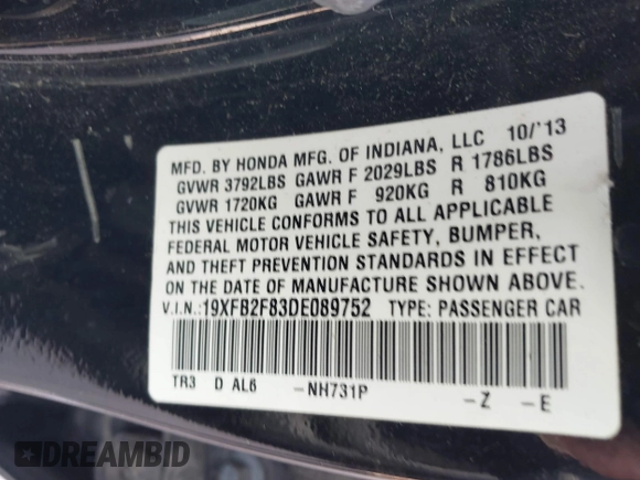 2013 Honda Civic EX with VIN 19XFB2F83DE089752, listed as a IAAI auction lot 42050511 with 127,875 mi miles and . Bid and sale history available at DreamBid. Image 9.