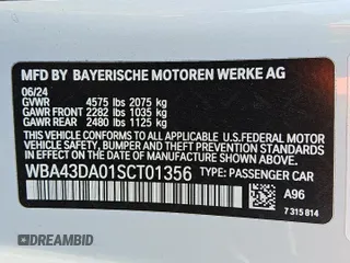 2025 BMW 4 Series 430i with VIN WBA43DA01SCT01356, listed as a Copart auction lot 53862335 with 17,451 mi miles and Clean title. Bid and sale history available at DreamBid. Image 12.