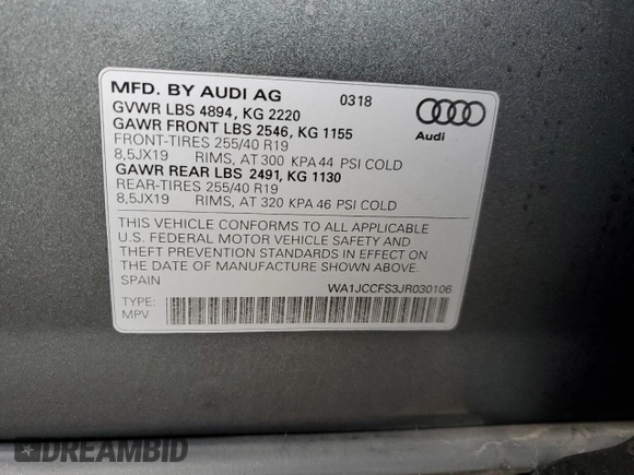 2018 Audi Q3 Premium Plus with VIN WA1JCCFS3JR030106, listed as a Copart auction lot 70183002 with 44,458 mi miles. Bid and sale history available at carsss.com. Image 13.