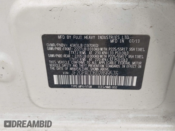 2013 Subaru Crosstrek Premium with VIN JF2GPACC6D2899576, listed as a IAAI auction lot 42791788 with 118,791 mi miles and . Bid and sale history available at DreamBid. Image 9.