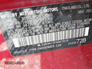2015 Mitsubishi Mirage DE z VIN ML32A3HJ7FH047818, wystawiony jako IAAI lot #42495206 z przebiegiem 88 529 mil mil oraz . Historia ofert i sprzedaży dostępna na DreamBid. Obrazek 9.
