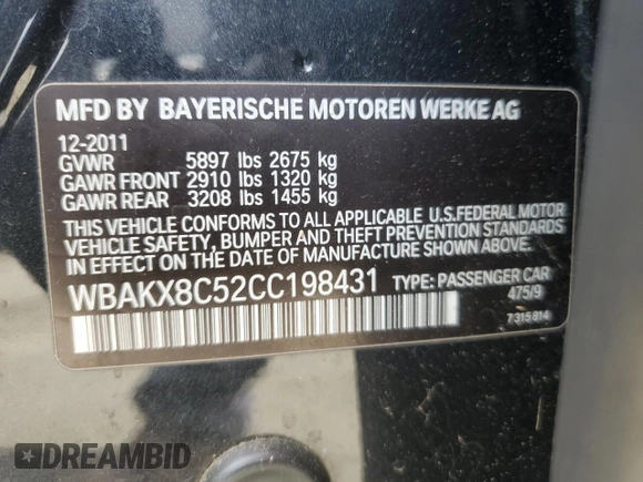2012 BMW 7 Series with VIN WBAKX8C52CC198431, listed as a Copart auction lot 75295664 with 72,818 mi miles and Clean title. Bid and sale history available at DreamBid. Image 12.