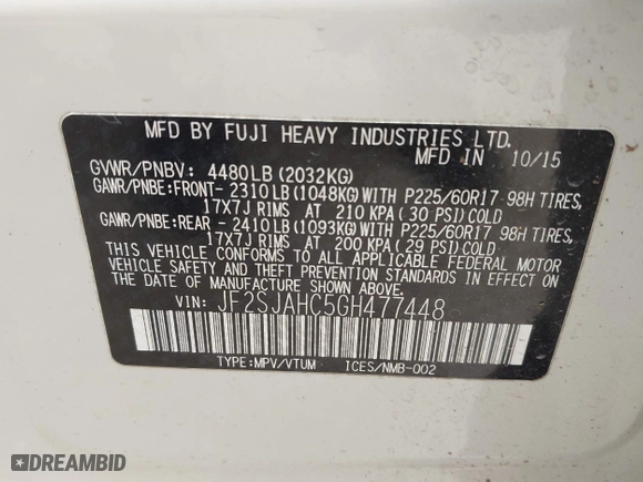 2016 Subaru Forester 2.5i Limited with VIN JF2SJAHC5GH477448, listed as a IAAI auction lot 41615282 with 105,879 mi miles. Bid and sale history available at carsss.com. Image 9.