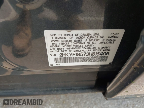 2003 Honda Pilot EX z VIN 2HKYF18573H616406, wystawiony jako IAAI lot #42363152 z przebiegiem 323 672 mil mil oraz . Historia ofert i sprzedaży dostępna na DreamBid. Obrazek 9.