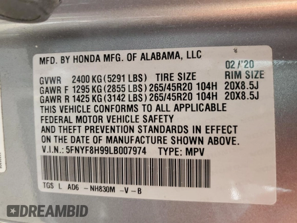 2020 Honda Passport Touring z VIN 5FNYF8H99LB007974, wystawiony jako Copart lot #73155104 z przebiegiem 15 626 mil mil oraz Szkoda całkowita • Salvage title. Historia ofert i sprzedaży dostępna na DreamBid. Obrazek 16.