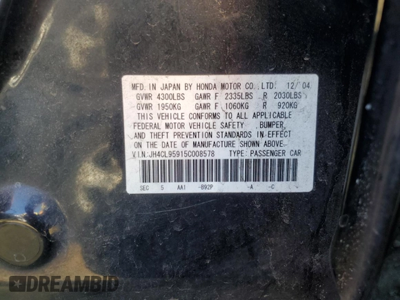 2005 Acura TSX with VIN JH4CL95915C008578, listed as a Copart auction lot 72825624 with 293,413 mi miles and Salvage Title. Bid and sale history available at DreamBid. Image 13.