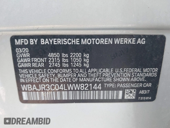 2020 BMW 5 Series 530i with VIN WBAJR3C04LWW82144, listed as a IAAI auction lot 41492399 with 37,676 mi miles and . Bid and sale history available at DreamBid. Image 9.