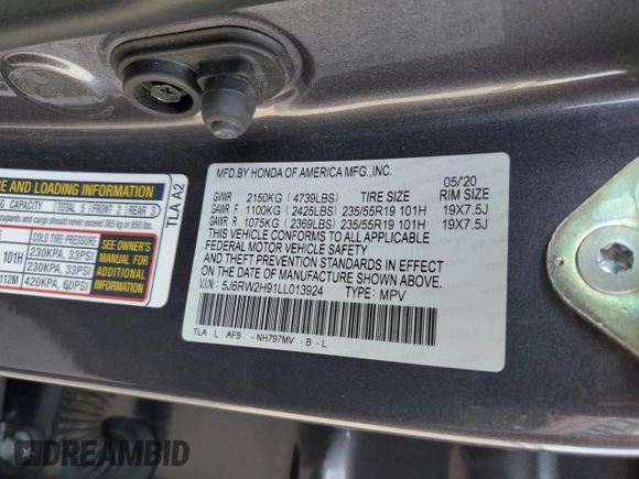 2020 Honda CR-V Touring with VIN 5J6RW2H91LL013924, listed as a Copart auction lot 50026715 with 41,148 mi miles and Salvage Title. Bid and sale history available at DreamBid. Image 15.