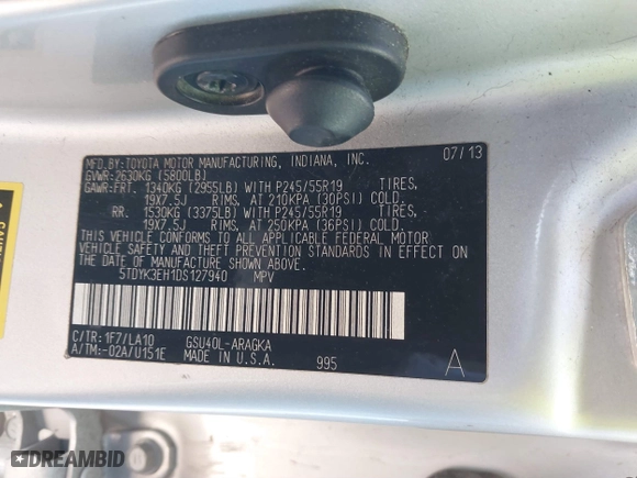 2013 Toyota Highlander Limited with VIN 5TDYK3EH1DS127940, listed as a IAAI auction lot 41826678 with 1 mi miles. Bid and sale history available at carsss.com. Image 9.
