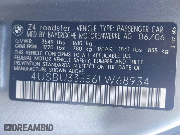 2006 BMW Z4 3.0i with VIN 4USBU33556LW68934, listed as a IAAI auction lot 41472800 with 108,983 mi miles and . Bid and sale history available at DreamBid. Image 9.