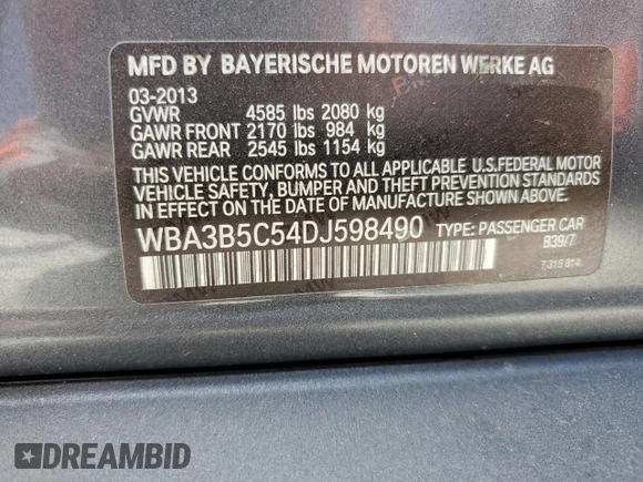 2013 BMW 3 Series 328i xDrive with VIN WBA3B5C54DJ598490, listed as a Copart auction lot 57946845 with 114,724 mi miles and Clean title. Bid and sale history available at DreamBid. Image 12.