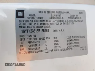 2008 Cadillac Escalade z VIN 1GYFK63818R156980, wystawiony jako IAAI lot #41711385 z przebiegiem 182 863 mil mil oraz . Historia ofert i sprzedaży dostępna na DreamBid. Obrazek 9.