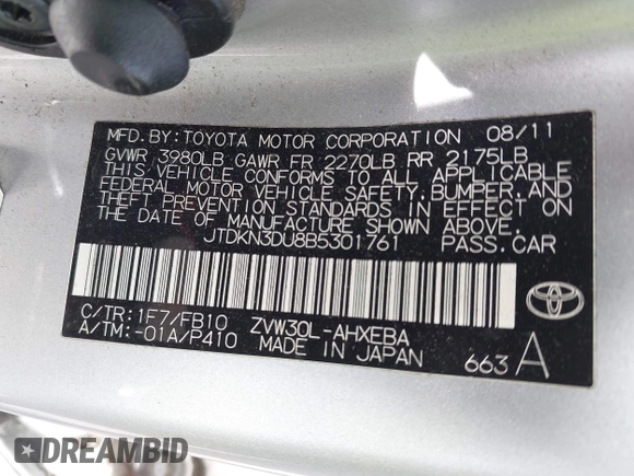 2011 Toyota Prius I with VIN JTDKN3DU8B5301761, listed as a IAAI auction lot 41916082 with 183,834 mi miles. Bid and sale history available at carsss.com. Image 9.