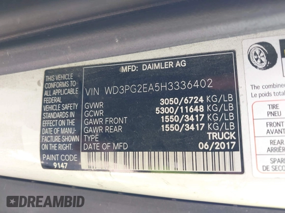 2017 Mercedes-Benz Metris Cargo with VIN WD3PG2EA5H3336402, listed as a IAAI auction lot 42034017 with 90,336 mi miles and . Bid and sale history available at carsss.com. Image 9.
