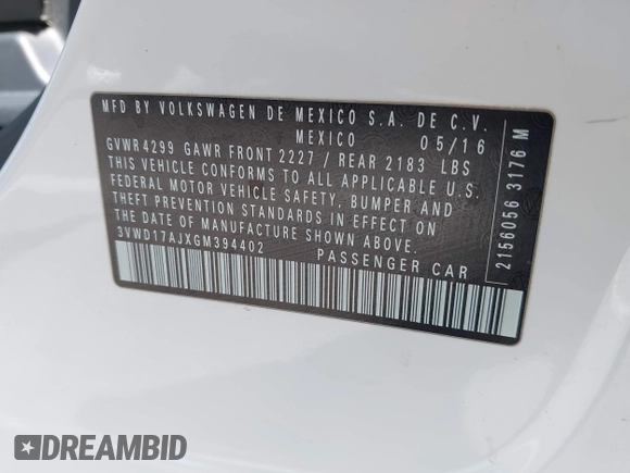 2016 Volkswagen Jetta Sport z VIN 3VWD17AJXGM394402, wystawiony jako IAAI lot #41896331 z przebiegiem 147 771 mil mil oraz . Historia ofert i sprzedaży dostępna na DreamBid. Obrazek 9.