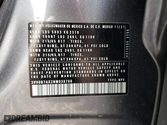 2022 Volkswagen Tiguan S с VIN 3VV0B7AX2NM038768, выставлен на аукционе Copart как лот 48081425 с пробегом 77 065 миль миль и Списание • Salvage title. История ставок и продаж доступна на DreamBid. Изображение 15.