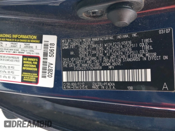 2007 Toyota Sienna CE with VIN 5TDZK23C17S048858, listed as a IAAI auction lot 42250373 with 130,025 mi miles and . Bid and sale history available at DreamBid. Image 9.