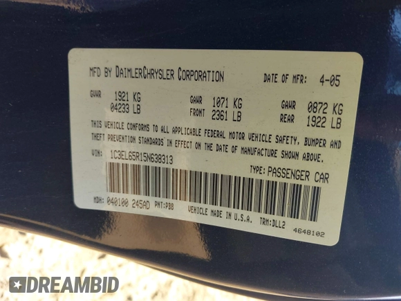 2005 Chrysler Sebring Limited with VIN 1C3EL65R15N638313, listed as a IAAI auction lot 42090291 with 80,105 mi miles and . Bid and sale history available at DreamBid. Image 9.