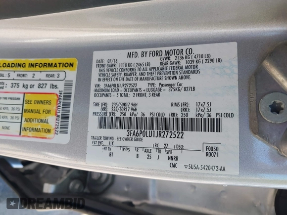 2018 Ford Fusion SE with VIN 3FA6P0LU1JR272522, listed as a IAAI auction lot 41796432 with 123,471 mi miles and . Bid and sale history available at DreamBid. Image 9.