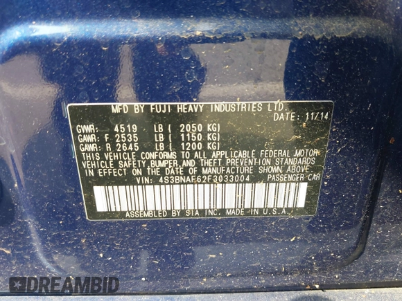 2015 Subaru Legacy Premium с VIN 4S3BNAF62F3033004, выставлен на аукционе IAAI как лот 42475093 с пробегом 67 588 миль миль и . История ставок и продаж доступна на DreamBid. Изображение 9.
