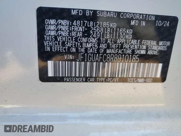 2024 Subaru Impreza Special Sports z VIN JF1GUAFC8R8910185, wystawiony jako Copart lot #50008575 z przebiegiem 563 mil mil oraz Szkoda całkowita • Salvage title. Historia ofert i sprzedaży dostępna na DreamBid. Obrazek 12.