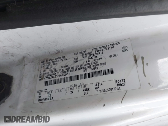 2005 Ford Econoline Cargo with VIN 1FTNE24L25HA10061, listed as a IAAI auction lot 41566517 with 247,777 mi miles and . Bid and sale history available at DreamBid. Image 9.