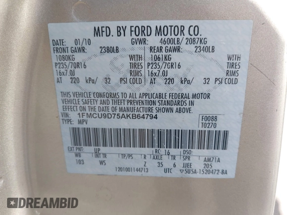 2010 Ford Escape XLT with VIN 1FMCU9D75AKB64794, listed as a IAAI auction lot 42141609 with 118,791 mi miles. Bid and sale history available at carsss.com. Image 9.