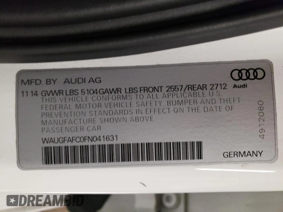 2015 Audi A6 2.0T Premium Plus with VIN WAUGFAFC0FN041631, listed as a Copart auction lot 35958773 with 108,025 mi miles. Bid and sale history available at carsss.com. Image 12.