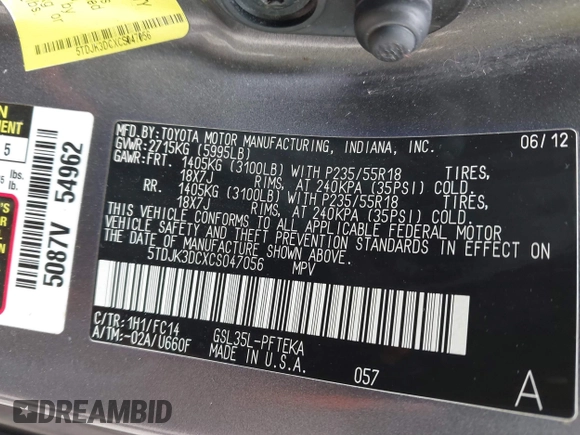 2012 Toyota Sienna LE with VIN 5TDJK3DCXCS047056, listed as a IAAI auction lot 41780756 with 179,624 mi miles. Bid and sale history available at carsss.com. Image 9.
