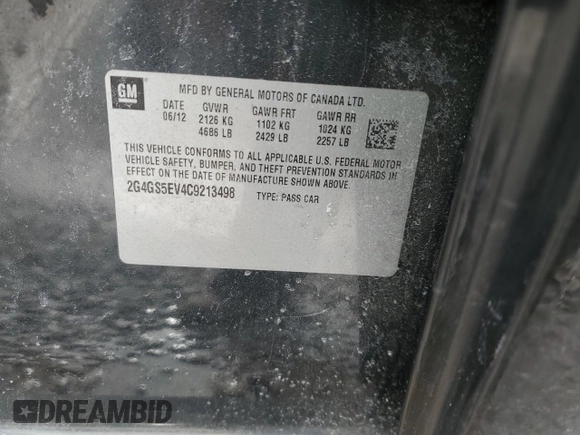2012 Buick Regal Turbo Premium 1 with VIN 2G4GS5EV4C9213498, listed as a Copart auction lot 43419025 with Not Provided miles and Salvage Title. Bid and sale history available at DreamBid. Image 14.