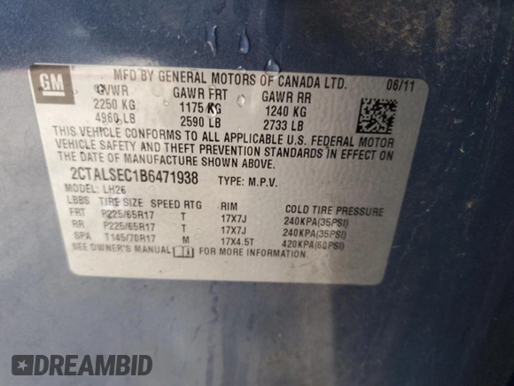 2011 GMC Terrain SLE-2 with VIN 2CTALSEC1B6471938, listed as a Copart auction lot 49220705 with 129,033 mi miles and Non Repairable. Bid and sale history available at DreamBid. Image 13.