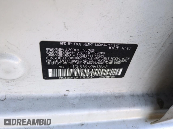2008 Subaru Impreza Sedan (Natl) i with VIN JF1GE61678H516056, listed as a Copart auction lot 87722465 with 159,244 mi miles and Salvage Title. Bid and sale history available at carsss.com. Image 12.