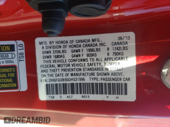 2013 Honda Civic Cpe LX with VIN 2HGFG3B56DH531996, listed as a Copart auction lot 62482524 with 98,955 mi miles and Salvage Title. Bid and sale history available at carsss.com. Image 15.