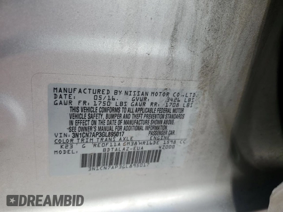 2016 Nissan Versa S with VIN 3N1CN7AP3GL895017, listed as a Copart auction lot 61788065 with 85,953 mi miles and Salvage title. Bid and sale history available at DreamBid. Image 13.