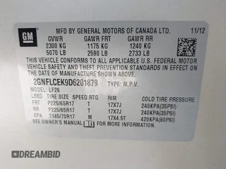 2013 Chevrolet Equinox LS z VIN 2GNFLCEK9D6201879, wystawiony jako IAAI lot #41991600 z przebiegiem 131 096 mil mil oraz . Historia ofert i sprzedaży dostępna na DreamBid. Obrazek 9.