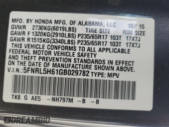 2016 Honda Odyssey EX-L with VIN 5FNRL5H61GB029782, listed as a Copart auction lot 53917895 with 139,630 mi miles and Salvage Title. Bid and sale history available at carsss.com. Image 13.