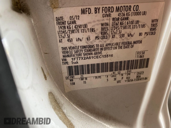 2012 Ford F-250 XL with VIN 1FT7X2A61CEC15516, listed as a IAAI auction lot 42902764 with 145,461 mi miles and . Bid and sale history available at DreamBid. Image 23.