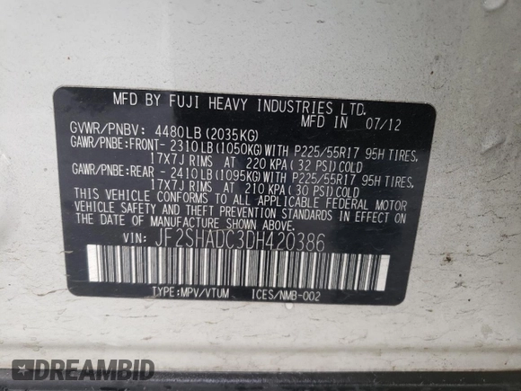 2013 Subaru Forester 2.5X Premium with VIN JF2SHADC3DH420386, listed as a Copart auction lot 46323915 with 105,959 mi miles and Salvage Title. Bid and sale history available at carsss.com. Image 12.