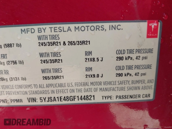 2016 Tesla Model S 90D with VIN 5YJSA1E48GF144821, listed as a IAAI auction lot 42206473 with 129,624 mi miles and . Bid and sale history available at DreamBid. Image 9.
