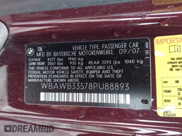 2008 BMW 3 Series 328i with VIN WBAWB33578PU88893, listed as a IAAI auction lot 42078298 with 188,955 mi miles. Bid and sale history available at carsss.com. Image 9.
