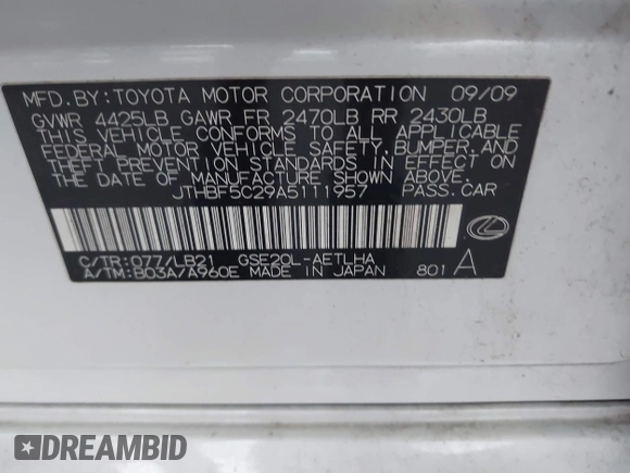2010 Lexus IS 250 with VIN JTHBF5C29A5111957, listed as a IAAI auction lot 42484799 with Not provided miles and . Bid and sale history available at DreamBid. Image 9.