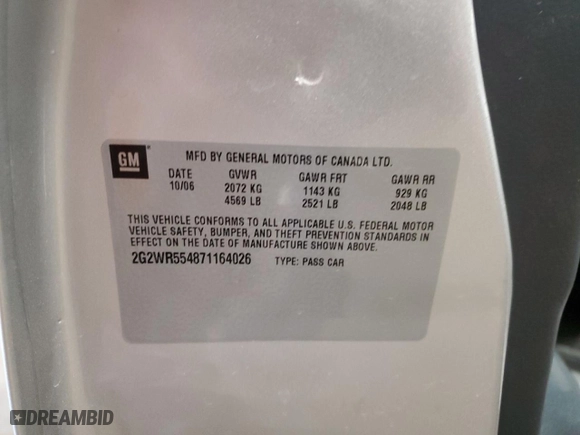 2007 Pontiac Grand Prix GT with VIN 2G2WR554871164026, listed as a Copart auction lot 44724545 with 0 mi miles and Salvage Title. Bid and sale history available at carsss.com. Image 12.