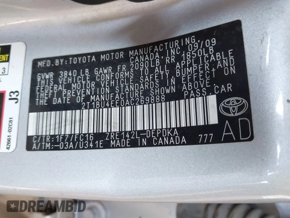 2010 Toyota Corolla with VIN 2T1BU4EE0AC269888, listed as a IAAI auction lot 41926103 with 210,787 mi miles. Bid and sale history available at carsss.com. Image 9.
