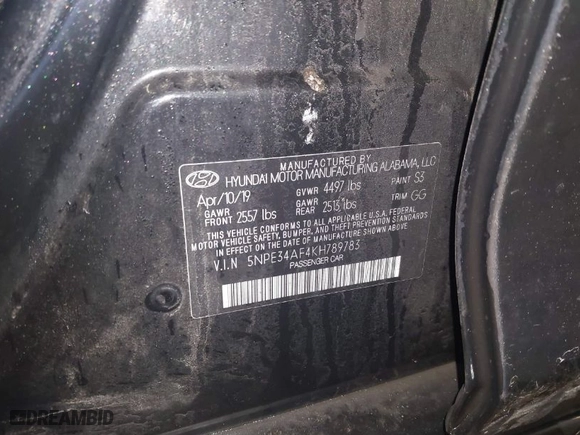 2019 Hyundai Sonata Sport with VIN 5NPE34AF4KH789783, listed as a IAAI auction lot 41082804 with 92,877 mi miles. Bid and sale history available at carsss.com. Image 9.