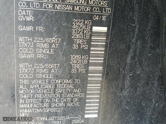 2016 Nissan Rogue SV with VIN KNMAT2MV1GP691117, listed as a Copart auction lot 47283845 with 106,129 mi miles and Salvage Title. Bid and sale history available at carsss.com. Image 15.