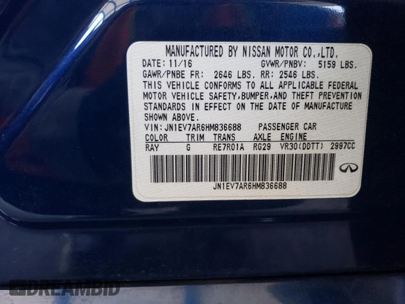 2017 Infiniti Q50 Sport with VIN JN1EV7AR6HM836688, listed as a Copart auction lot 63342845 with 105,377 mi miles and Salvage title. Bid and sale history available at DreamBid. Image 12.