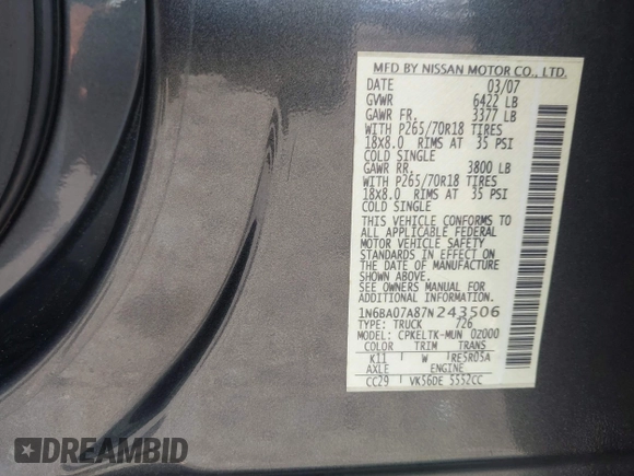 2007 Nissan Titan SE with VIN 1N6BA07A87N243506, listed as a IAAI auction lot 42488043 with 289,175 mi miles and . Bid and sale history available at DreamBid. Image 9.